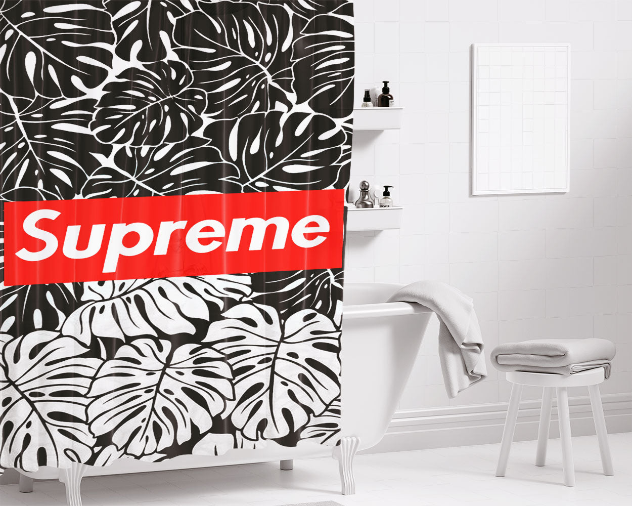 Supreme Leaf Monochrome Bathroom Shower Curtain Fabric Waterproof | 66 X 72 Inch