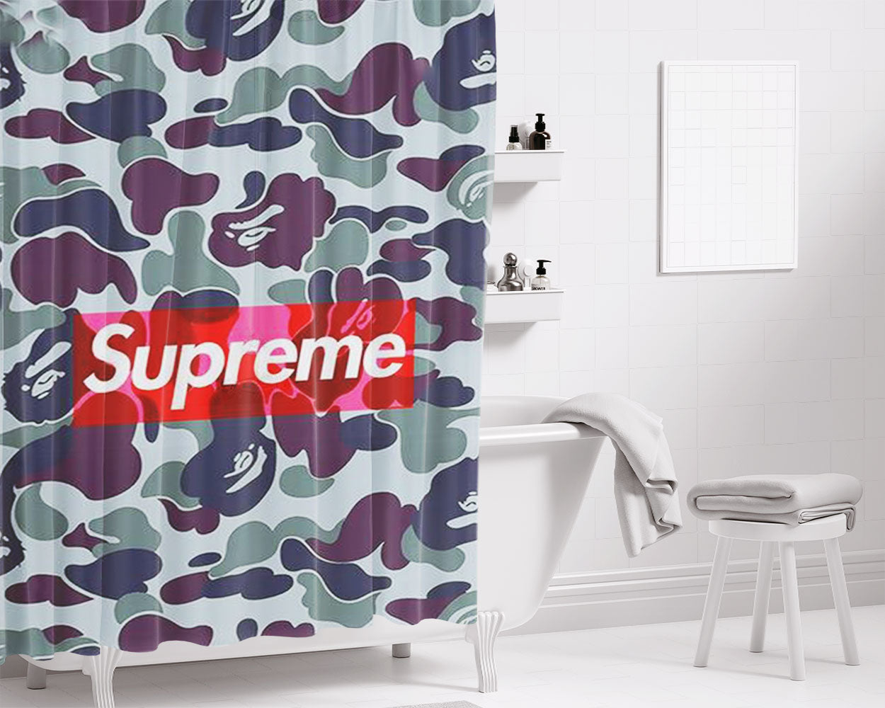 Supreme Logo Camo Bathroom Shower Curtain Fabric Waterproof | 66 X 72 Inch