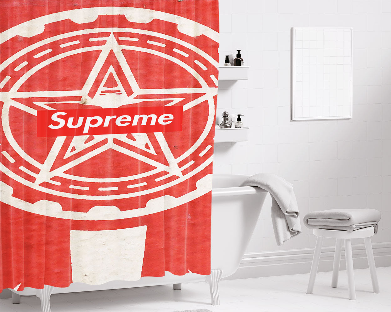 Supreme Obey Logo Bathroom Shower Curtain Fabric Waterproof | 66 X 72 Inch