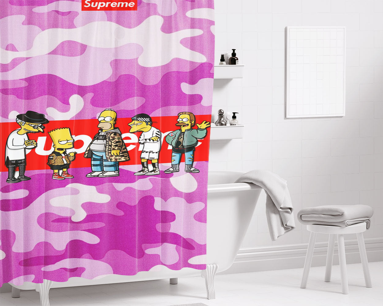 Supreme Pink Camo Bathroom Shower Curtain Fabric Waterproof | 66 X 72 Inch