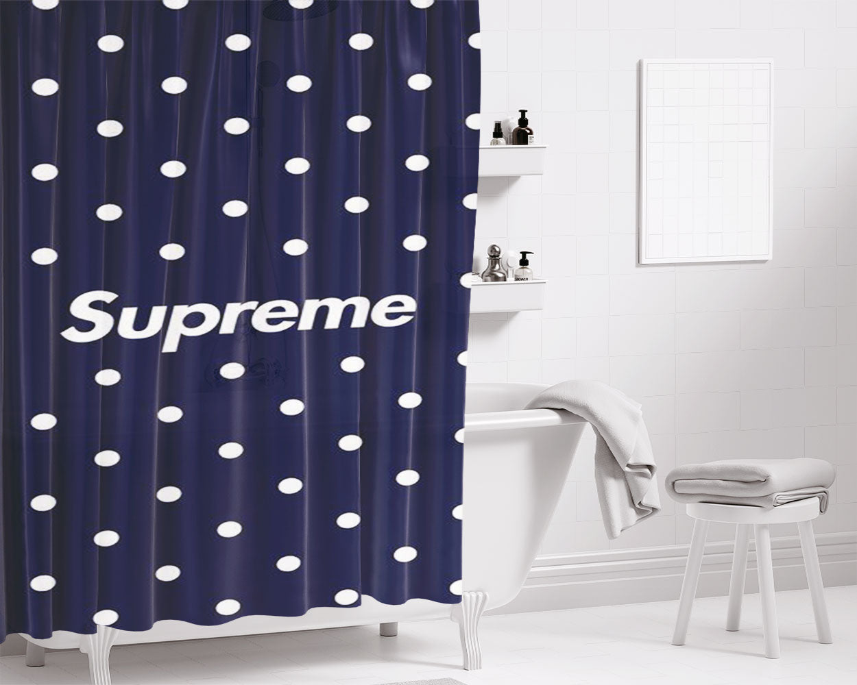 Supreme Polkadot Blue Bathroom Shower Curtain Fabric Waterproof | 66 X 72 Inch