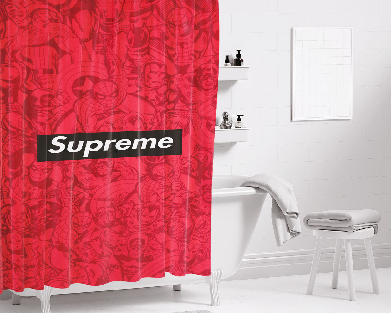 Supreme Red Marvel Superheroes Doodles Bathroom Shower Curtain Fabric Waterproof | 66 X 72 Inch