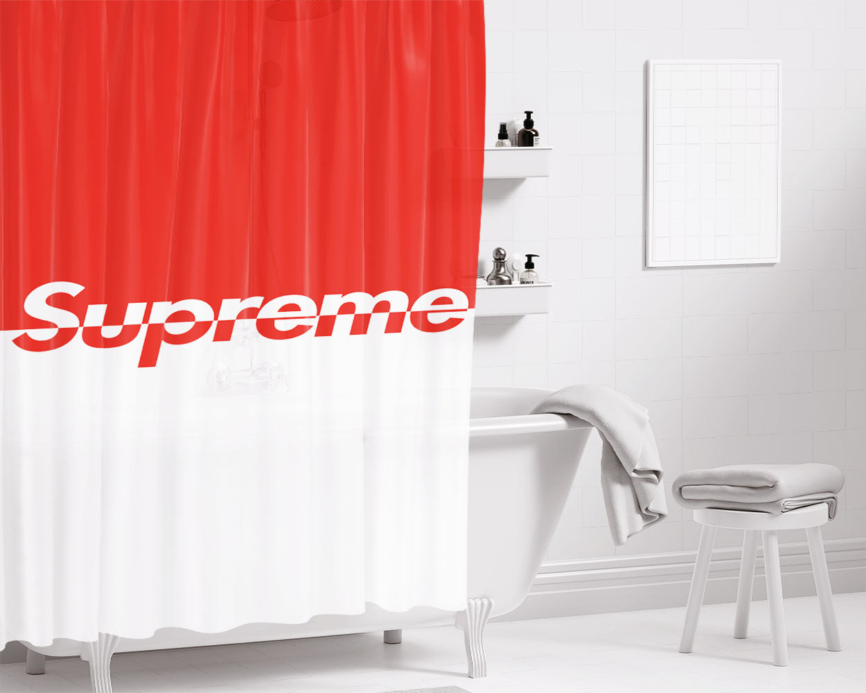 Supreme Red White Bathroom Shower Curtain Fabric Waterproof | 66 X 72 Inch