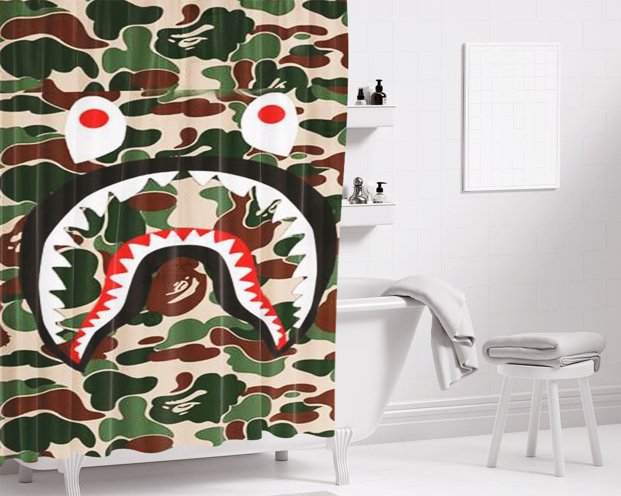 Supreme Shark Green Bathroom Shower Curtain Fabric Waterproof | 66 X 72 Inch