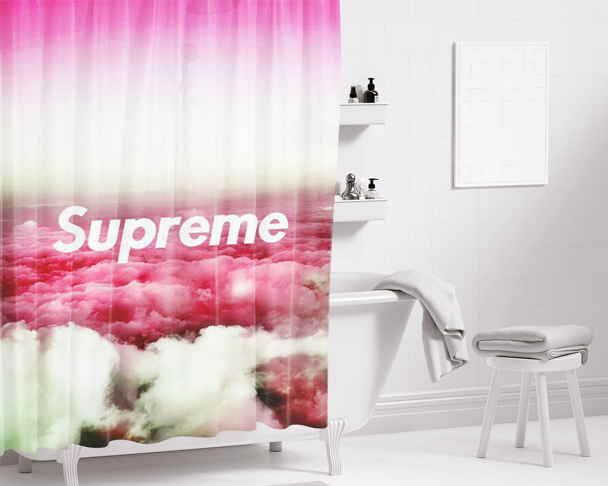 Supreme Sky Pink White Bathroom Shower Curtain Fabric Waterproof | 66 X 72 Inch
