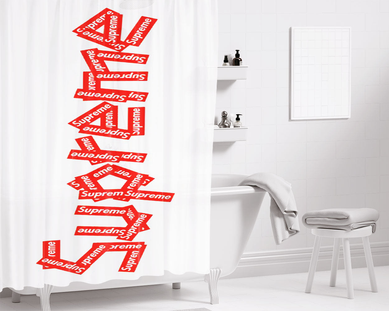 Supreme Sticker Art Bathroom Shower Curtain Fabric Waterproof | 66 X 72 Inch
