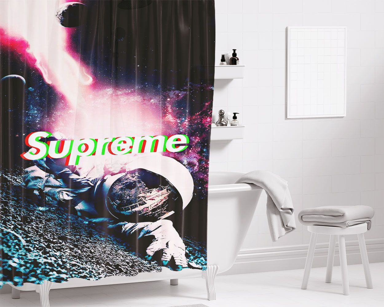 Supreme X Astronaut In Space Bathroom Shower Curtain Fabric Waterproof | 66 X 72 Inch