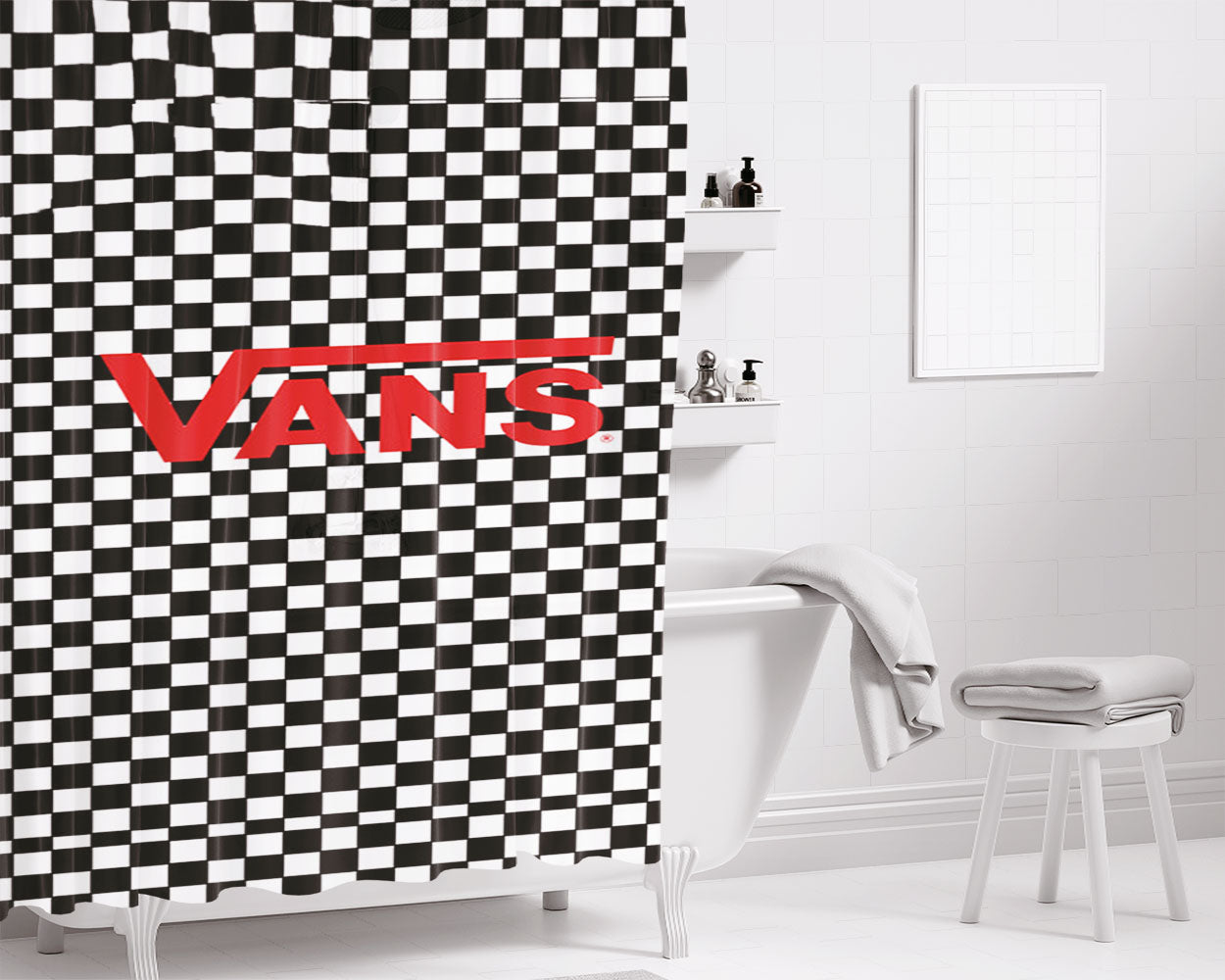 Vans Checkered Pattern Bathroom Shower Curtain Fabric Waterproof | 66 X 72 Inch