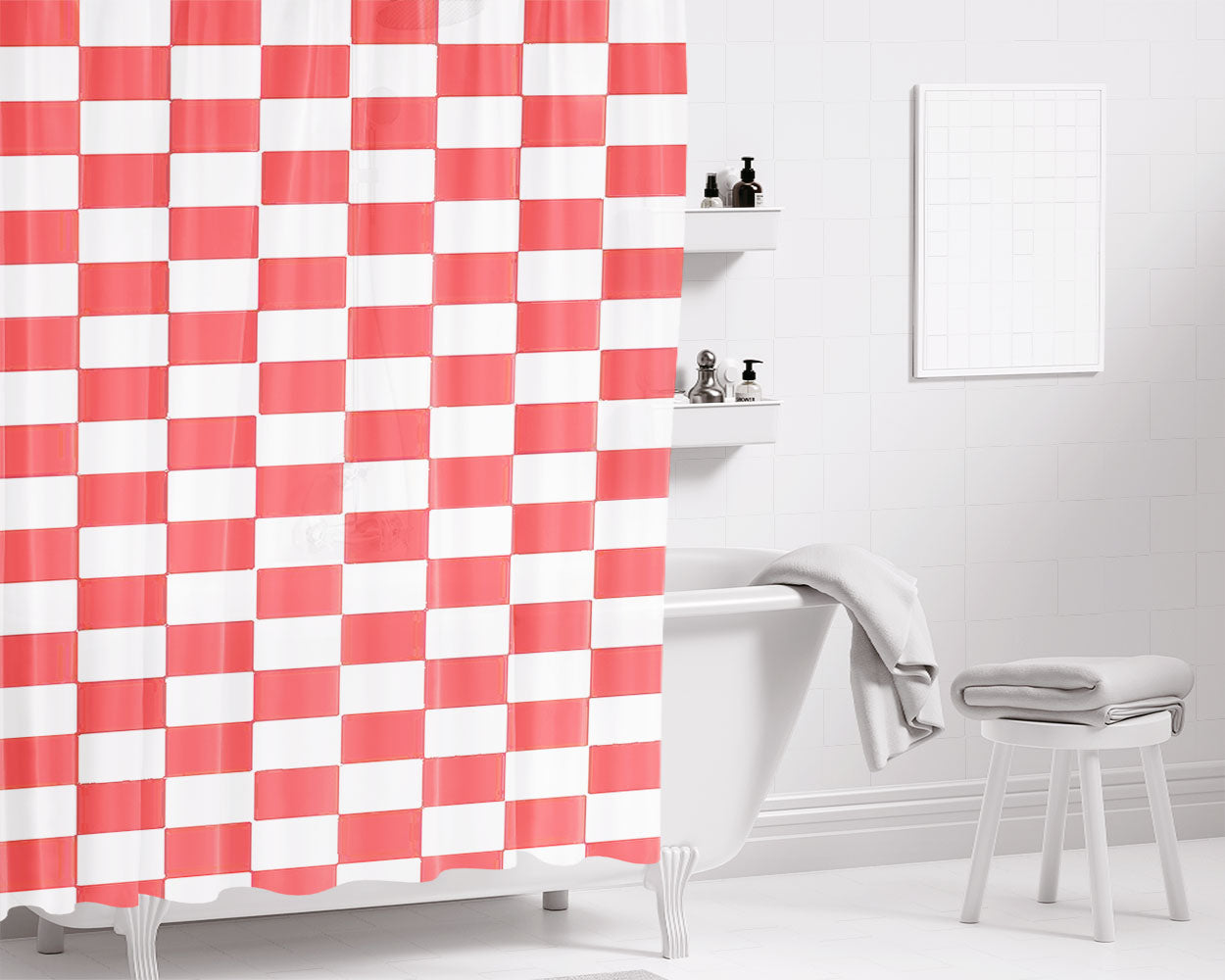 Vans Pink And White Squares Bathroom Shower Curtain Fabric Waterproof | 66 X 72 Inch