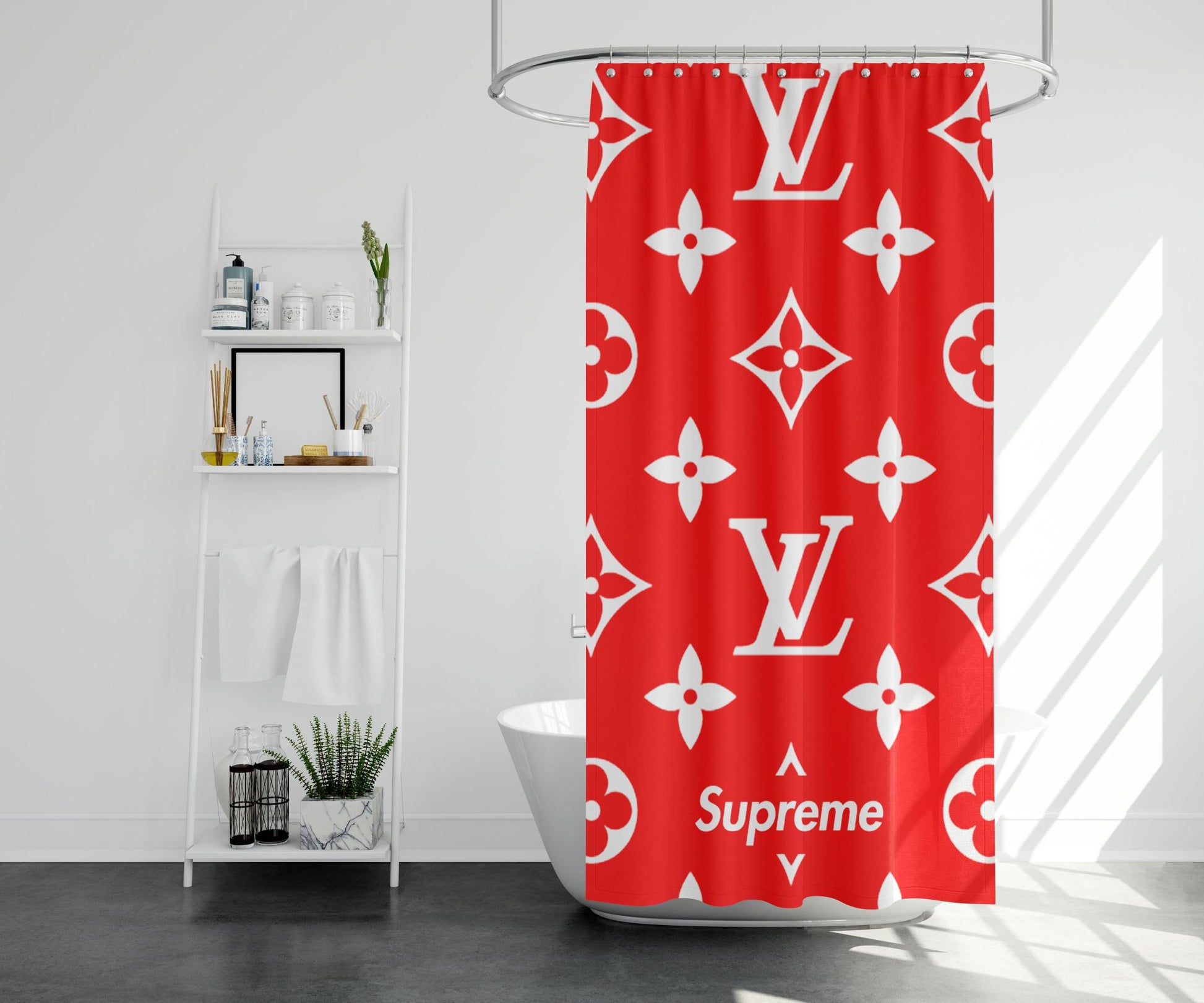 Red Supreme Luois Vuitton Shower Curtain Farmhouse Bathroom Decor