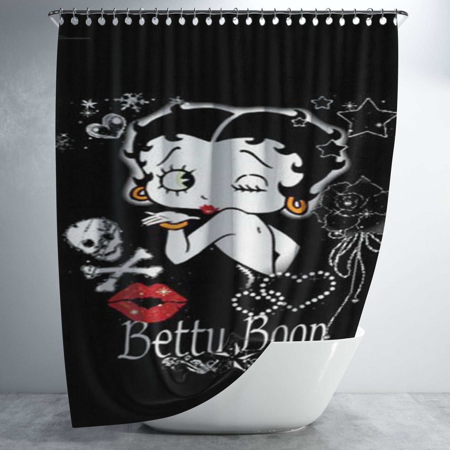 Betty Boop Kiss Blk Bkg Bathroom Shower Curtain Fabric Waterproof | 66 X 72 Inch