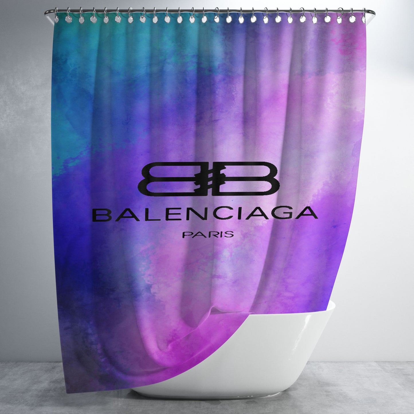 Black Balenciaga Blue Purple Tye Die Color Bathroom Shower Curtain Fabric Waterproof | 66 X 72 Inch