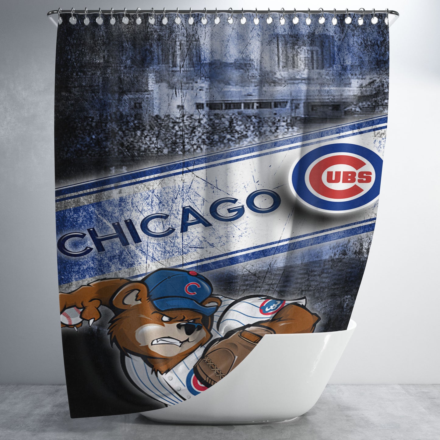 Chicago Cubs Bears Grunge Bathroom Shower Curtain Fabric Waterproof | 66 X 72 Inch