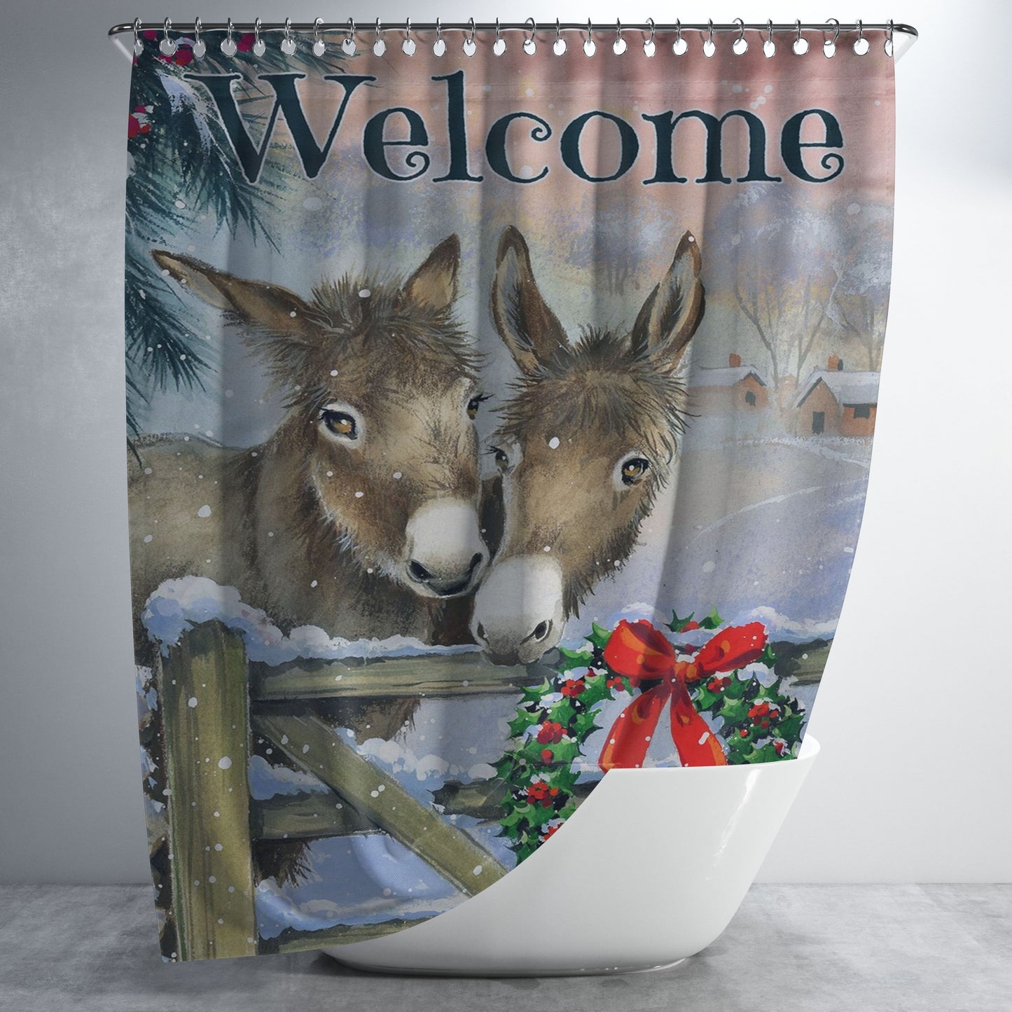 Christmas Farm Animals Donkeys Bathroom Shower Curtain Fabric Waterproof | 66 X 72 Inch