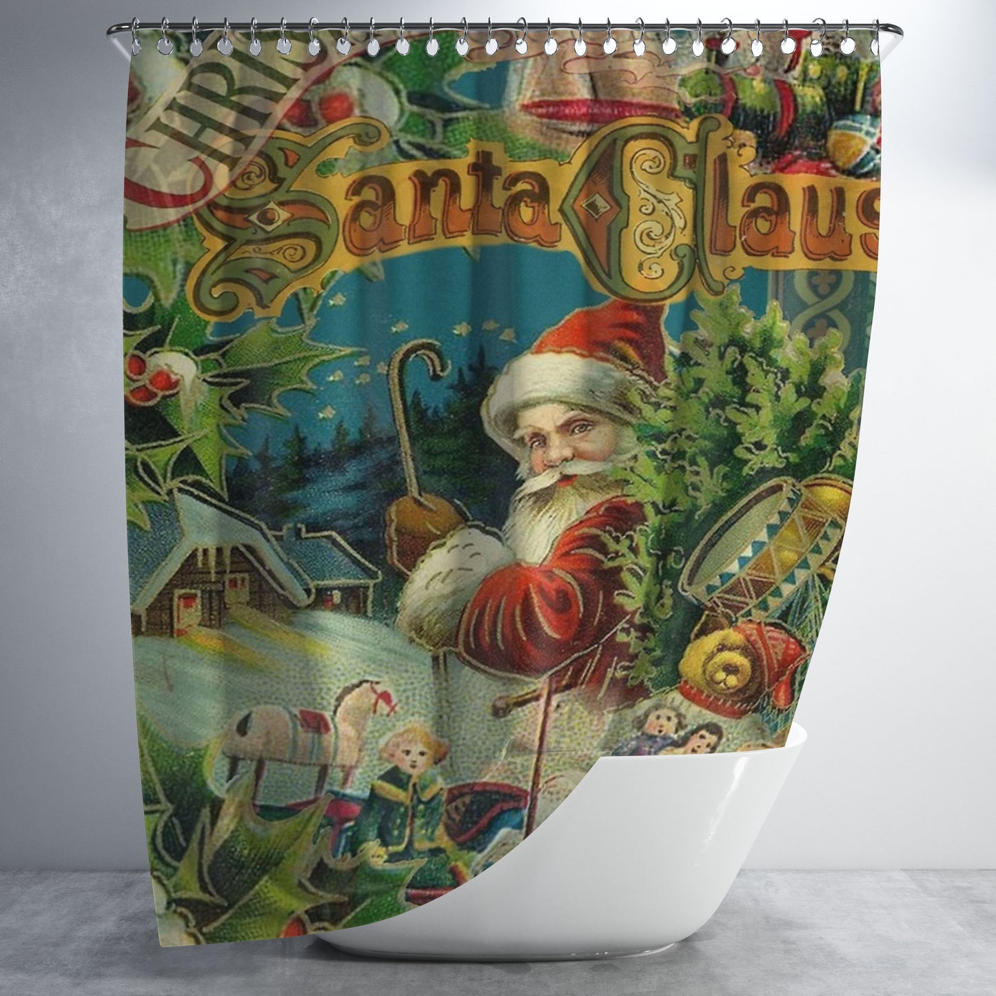 Christmas Santa Claus Victorian Antique Vintage Bathroom Shower Curtain Fabric Waterproof | 66 X 72 Inch