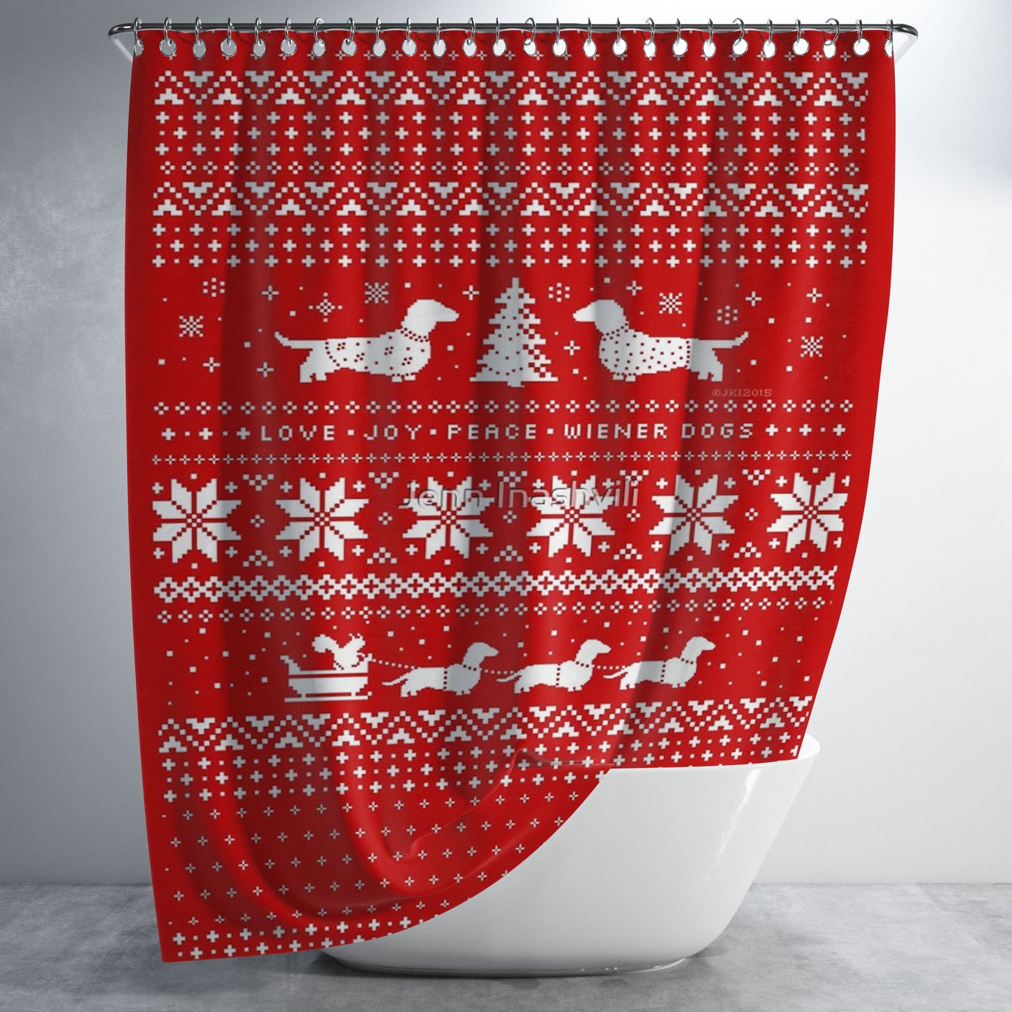Dachshunds Christmas Sweater Pattern Bathroom Shower Curtain Fabric Waterproof | 66 X 72 Inch
