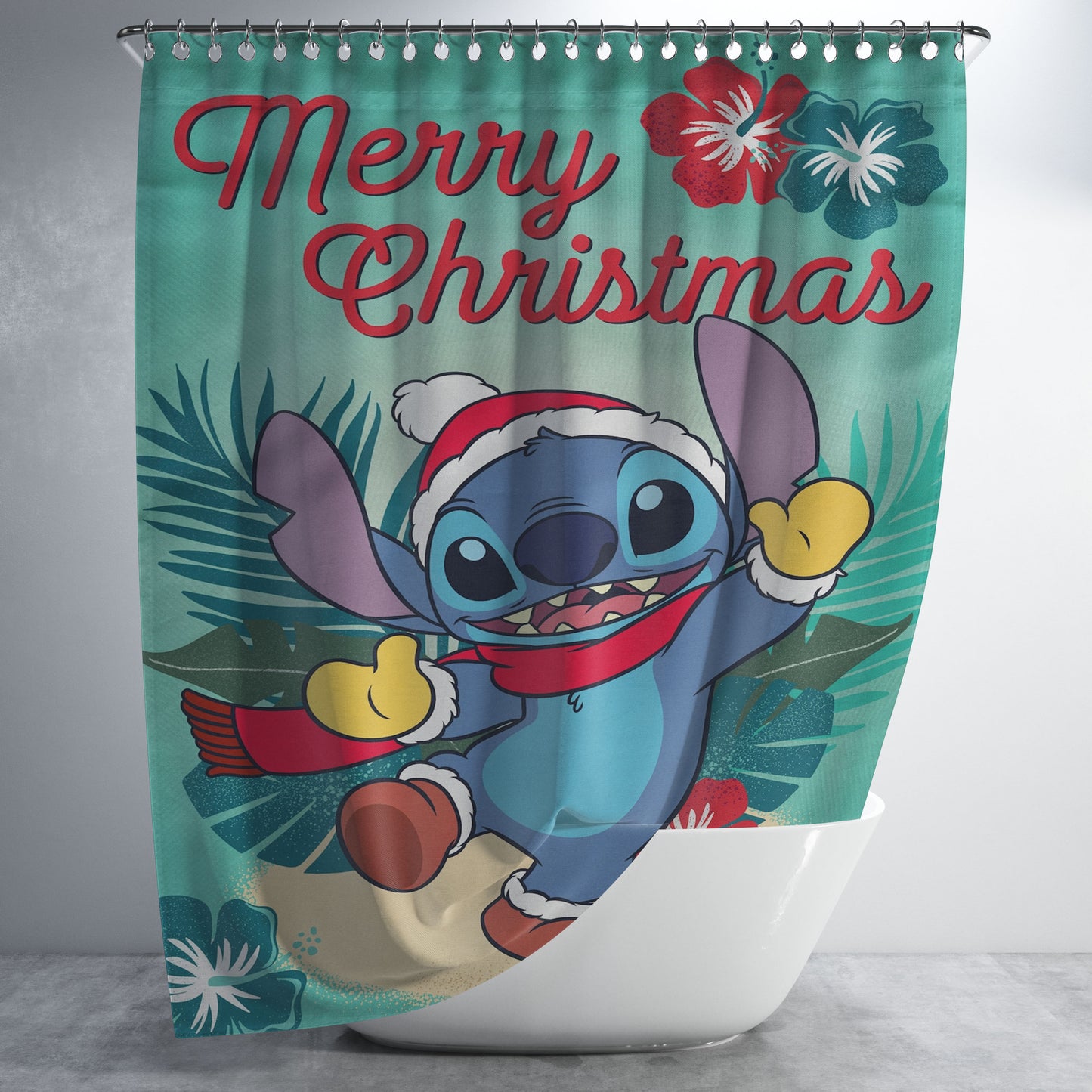 Disney Merry Christmas Stitch Bathroom Shower Curtain Fabric Waterproof | 66 X 72 Inch