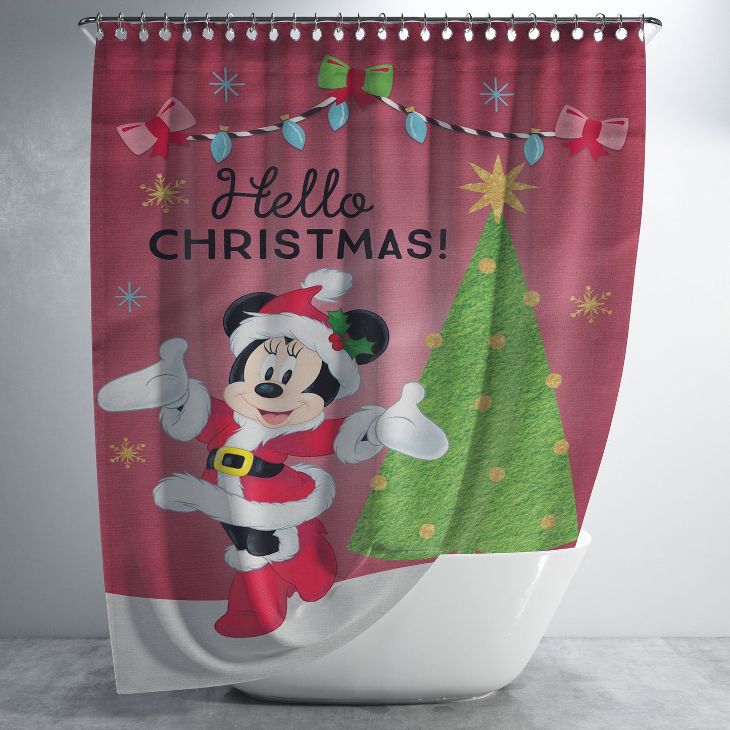 Disney Minnie Hello Christmas Bathroom Shower Curtain Fabric Waterproof | 66 X 72 Inch