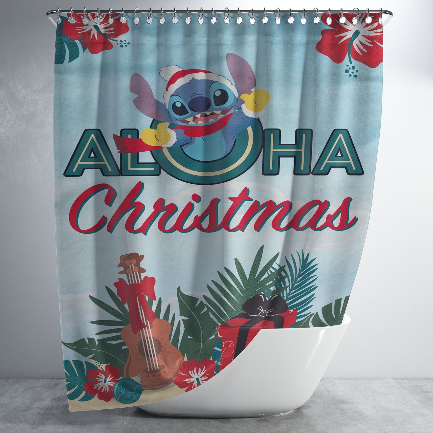 Disney Stitch Aloha Christmas Bathroom Shower Curtain Fabric Waterproof | 66 X 72 Inch