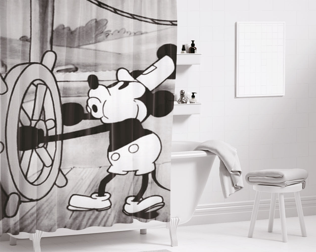 Mickey Mouse Steam Boat Willie Vintage 3 Bathroom Shower Curtain Fabric Waterproof | 66 X 72 Inch