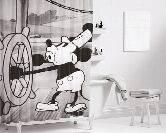 Mickey Mouse Steam Boat Willie Vintage 3 Bathroom Shower Curtain Fabric Waterproof