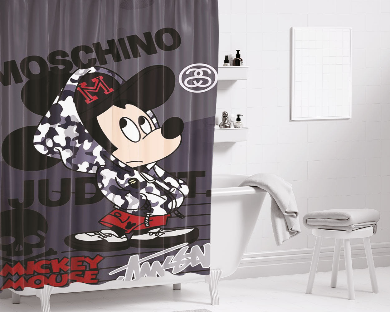 Mickeye Mouse Moschino Bathroom Shower Curtain Fabric Waterproof | 66 X 72 Inch