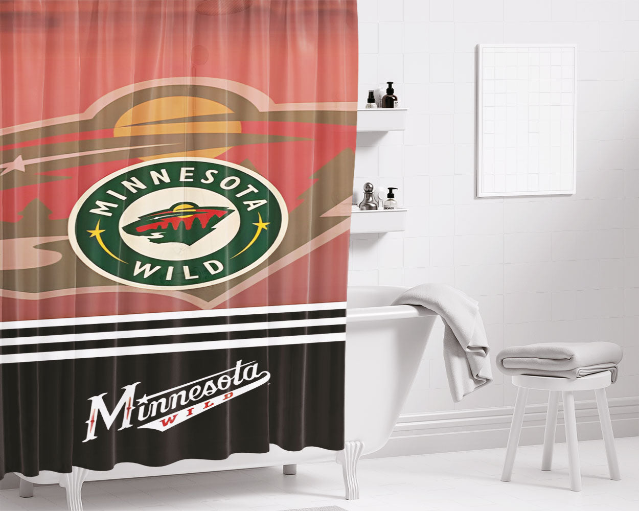Minnesota Wild Logos Stripes Red Fade Bathroom Shower Curtain Fabric Waterproof | 66 X 72 Inch