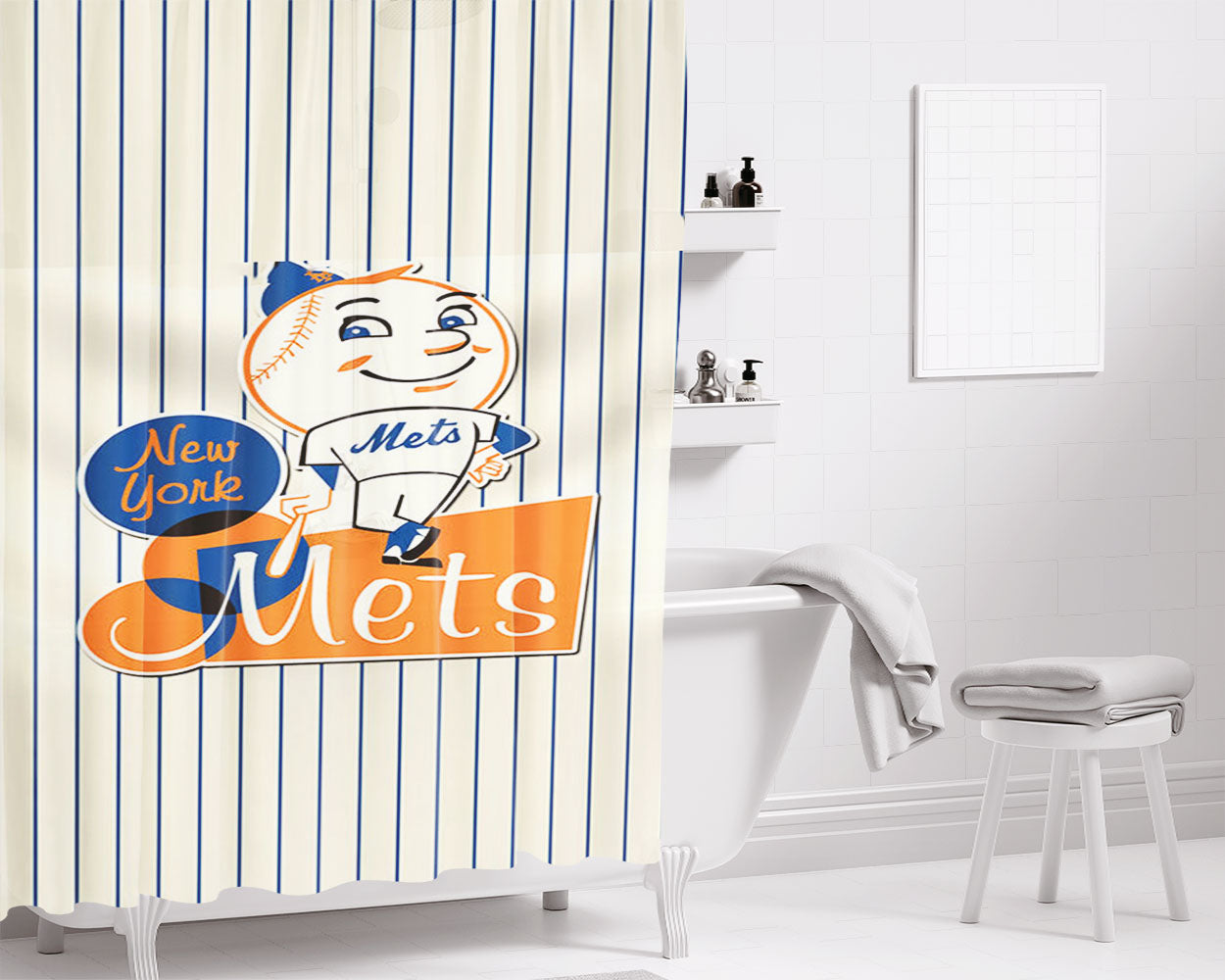 New York Mets Logo Baseball Bathroom Shower Curtain Fabric Waterproof | 66 X 72 Inch