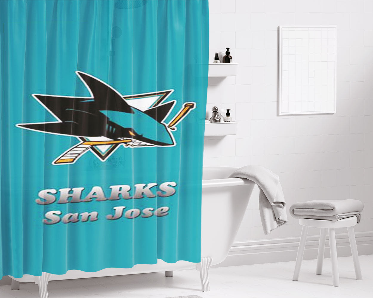 San Jose Sharks Logo Aqua Bathroom Shower Curtain Fabric Waterproof | 66 X 72 Inch