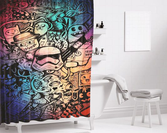 Adventur Time X Starwas Doodell Art Bolpein Bathroom Shower Curtain Fabric Waterproof | 66 X 72 Inch