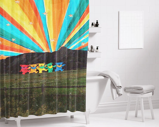 Aesthetic Hippie Art Moutain Bears Bathroom Shower Curtain Fabric Waterproof | 66 X 72 Inch