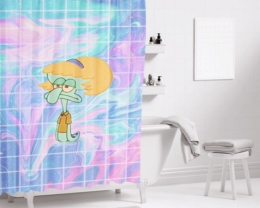 Aesthetic Liquid Cartoon Squidward Bathroom Shower Curtain Fabric Waterproof | 66 X 72 Inch