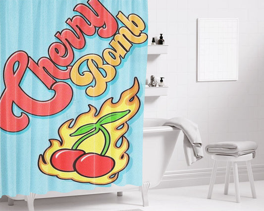 Aesthetic Retro Cherry Bomb Bathroom Shower Curtain Fabric Waterproof | 66 X 72 Inch
