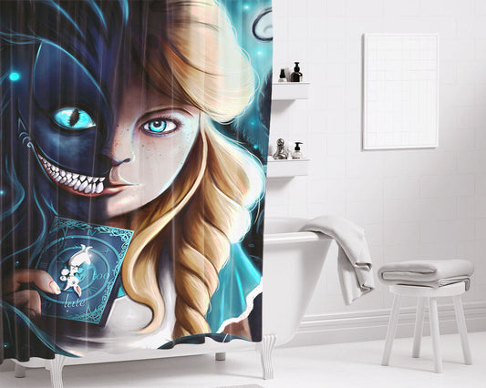 Alice And Cheshire Cat Art Bathroom Shower Curtain Fabric Waterproof | 66 X 72 Inch