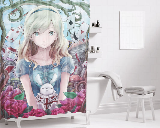 Alice And The White Rabbit Bathroom Shower Curtain Fabric Waterproof | 66 X 72 Inch