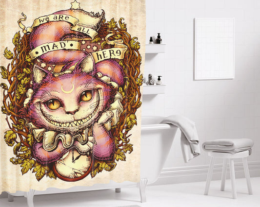 Alice Cheshire Cat Mad Here Art Bathroom Shower Curtain Fabric Waterproof | 66 X 72 Inch