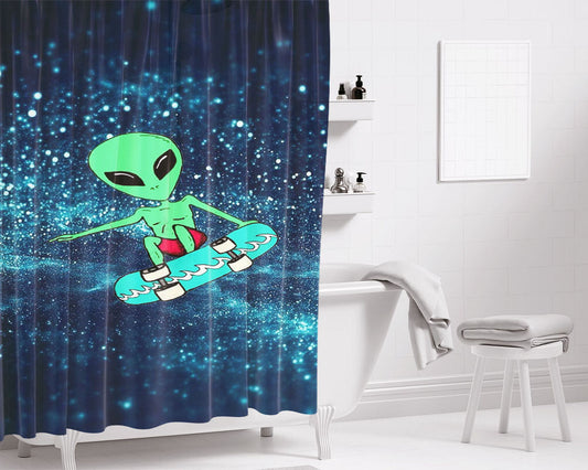 Alien Skate Glitter Galaxy Bathroom Shower Curtain Fabric Waterproof | 66 X 72 Inch