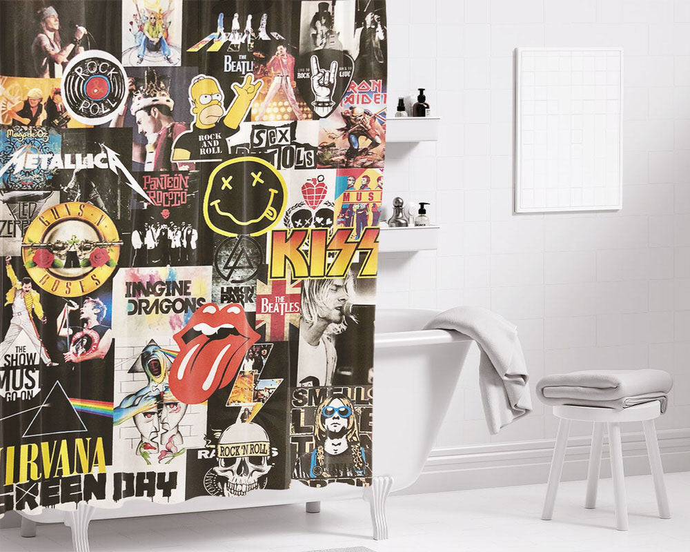 All Rock Band Legends Logo Collage Bathroom Shower Curtain Fabric Waterproof | 66 X 72 Inch