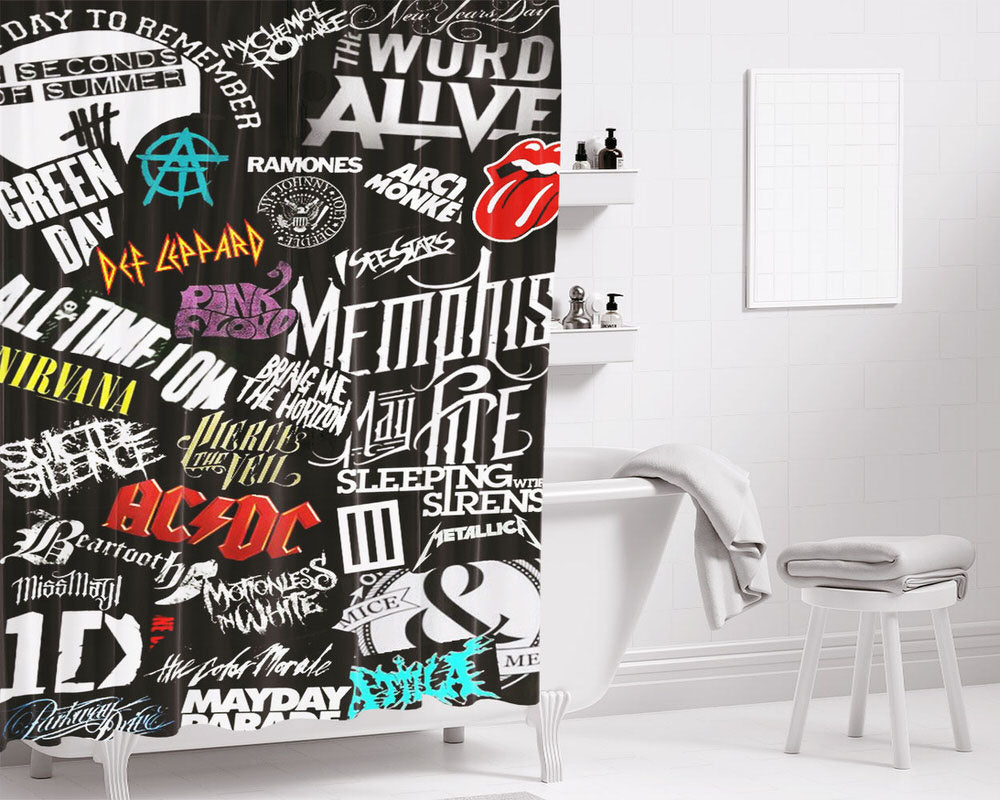 All Rock Metal Band Logo Collage Bathroom Shower Curtain Fabric Waterproof | 66 X 72 Inch