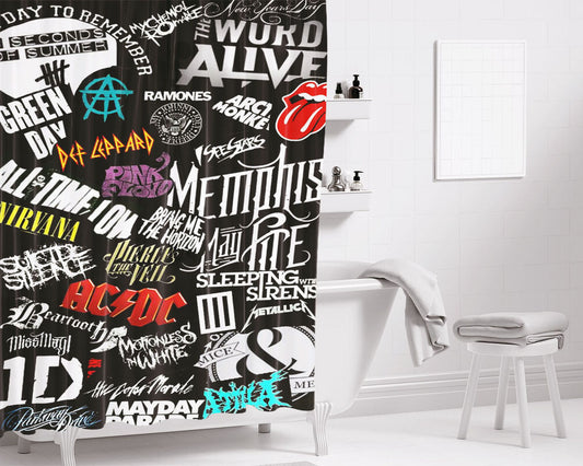 All Rock Metal Band Logo Collage Bathroom Shower Curtain Fabric Waterproof | 66 X 72 Inch