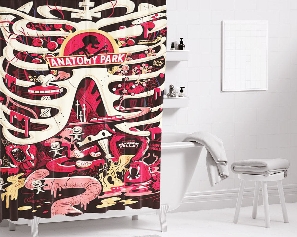 Anatomy Park Skull Art Bathroom Shower Curtain Fabric Waterproof | 66 X 72 Inch