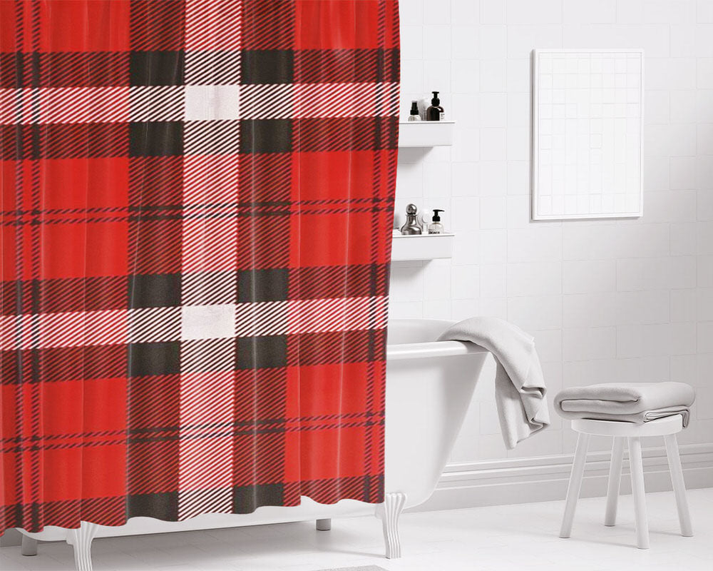 As If! Red Plaid Bathroom Shower Curtain Fabric Waterproof | 66 X 72 Inch