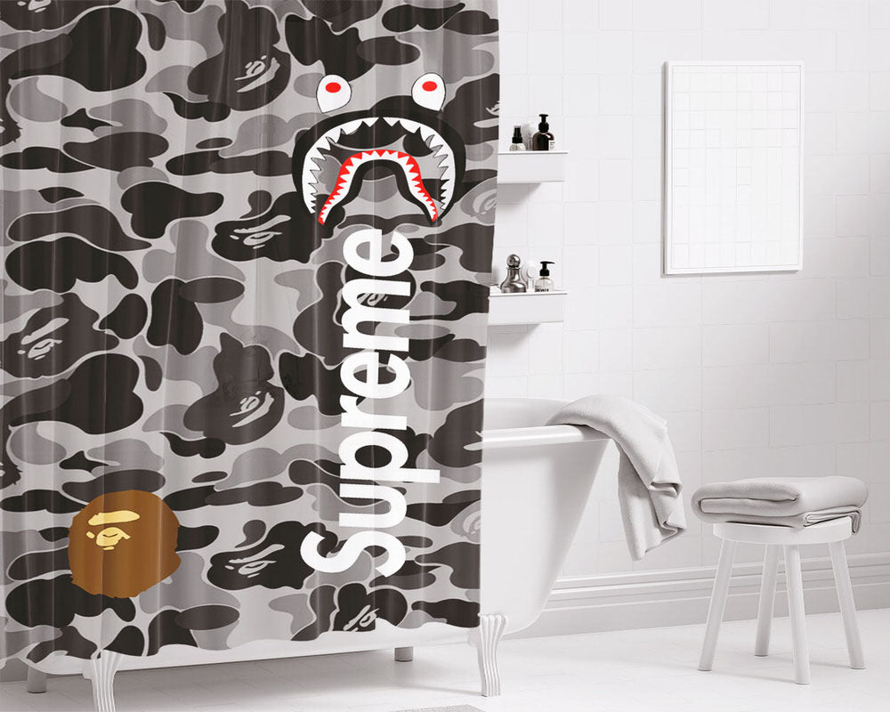 Bape Camo Shark Face Logo Grey 2 Bathroom Shower Curtain Fabric Waterproof | 66 X 72 Inch