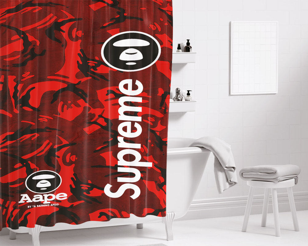 Bape Camo Shark Face Logo Red 2 Bathroom Shower Curtain Fabric Waterproof | 66 X 72 Inch