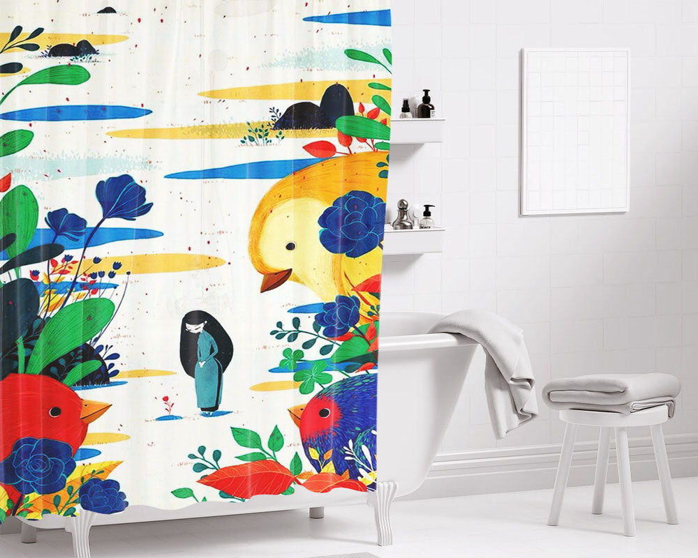 Bird And Girls Draw Tropical Bathroom Shower Curtain Fabric Waterproof | 66 X 72 Inch