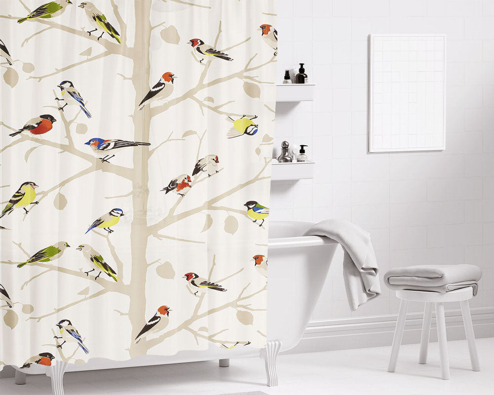 Birds Illustration Bathroom Shower Curtain Fabric Waterproof | 66 X 72 Inch
