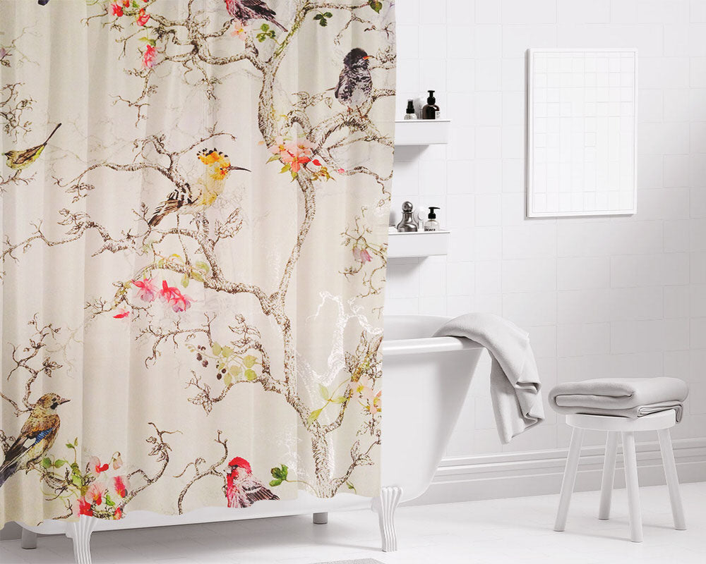 Birds Tree Bathroom Shower Curtain Fabric Waterproof | 66 X 72 Inch