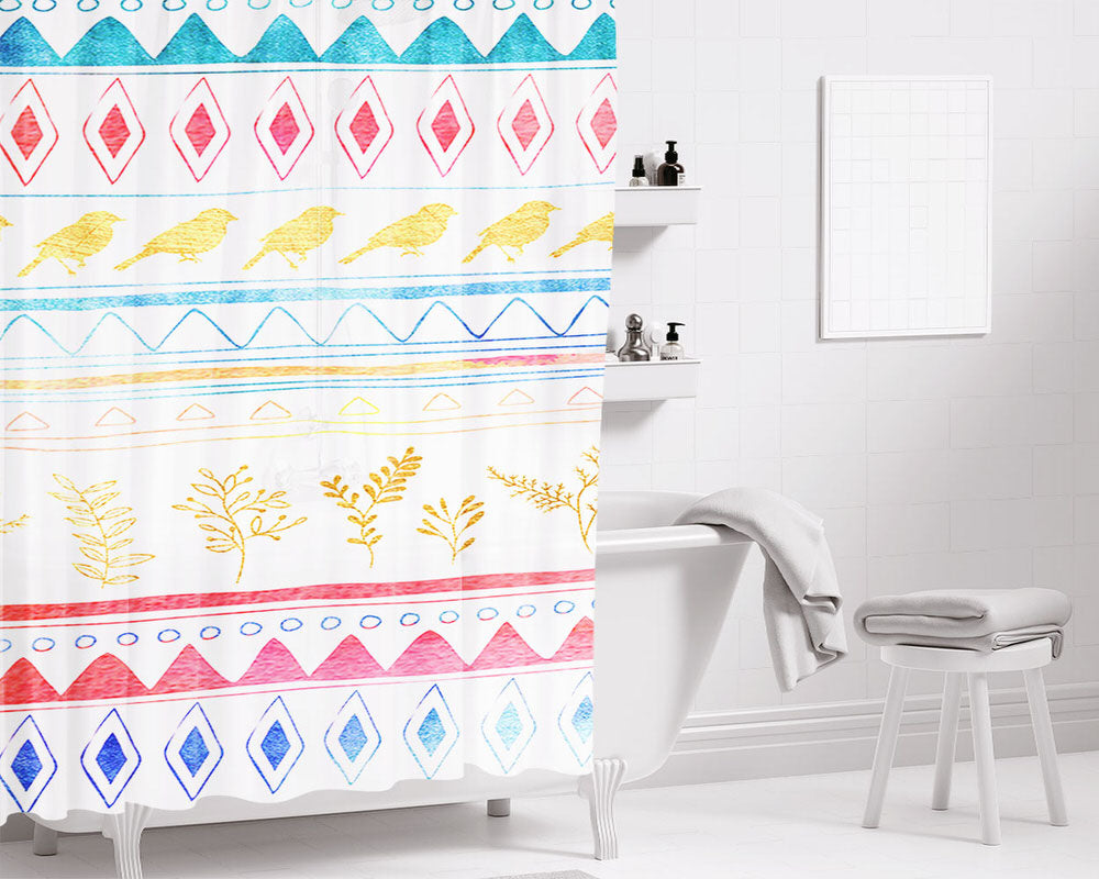 Birds X Plants Hand Drawn Tribal Bathroom Shower Curtain Fabric Waterproof | 66 X 72 Inch