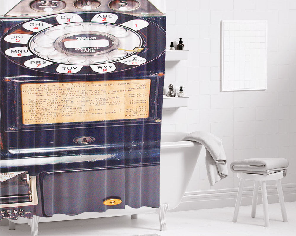 Black Pay Phone Retro Bathroom Shower Curtain Fabric Waterproof | 66 X 72 Inch