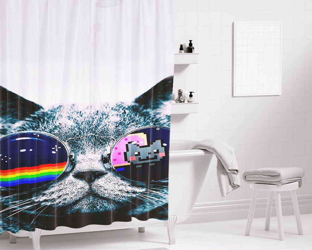 Black White Cat Eyeglasses Bathroom Shower Curtain Fabric Waterproof | 66 X 72 Inch